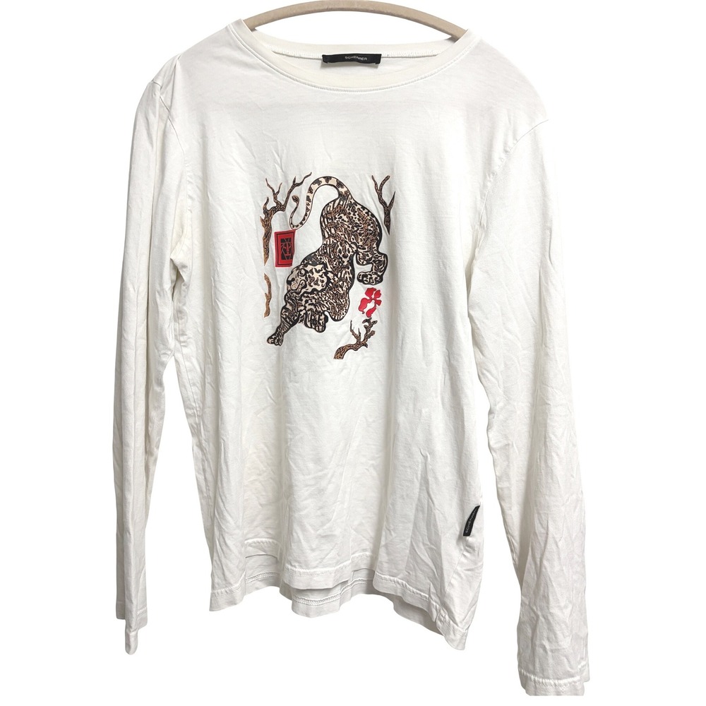 Scherrer Tiger Graphic Artistic White‎ Long Sleeve T-Shirt White Cotton Large